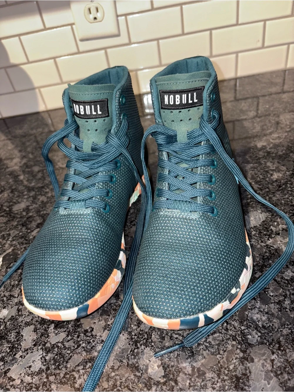 NOBULL Teal High-Top Training Shoes with Multicolor Patterned Soles